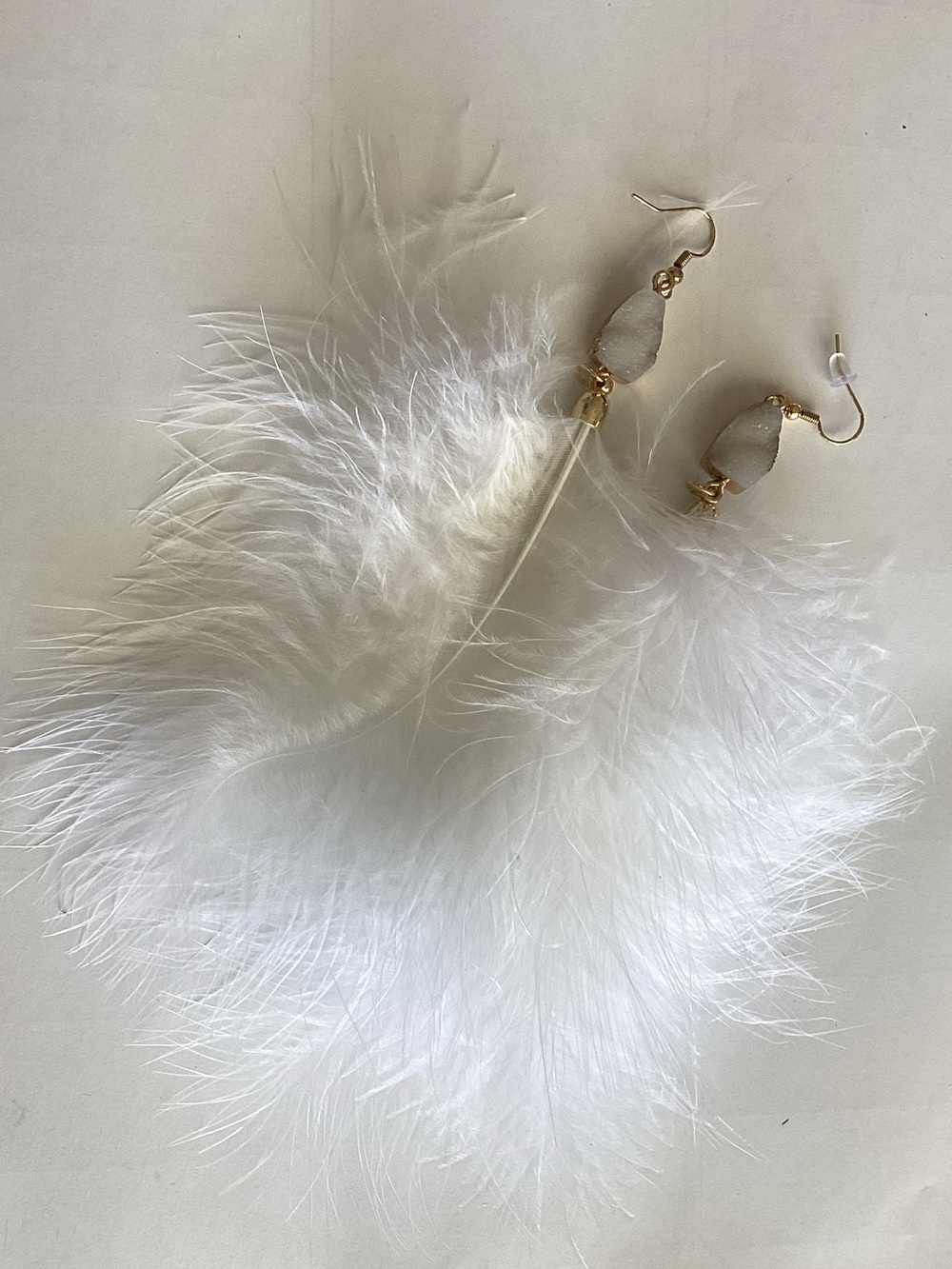 White Feather Drop Earrings with Gold Accents - Women Jewelry